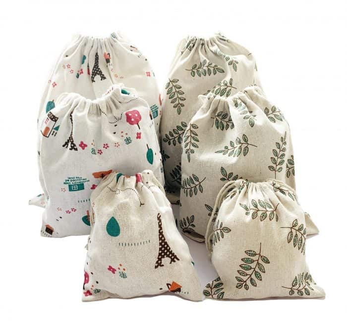 Set of 6 Cotton Drawstring Storage Pouch, Leaf and Tower, Pack of 6 (Small+Medium+Large)