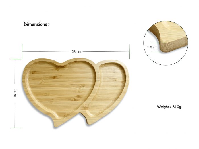 Bamboo Wooden Serving Platter, Double Heart