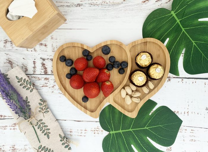 Bamboo Wooden Serving Platter, Double Heart