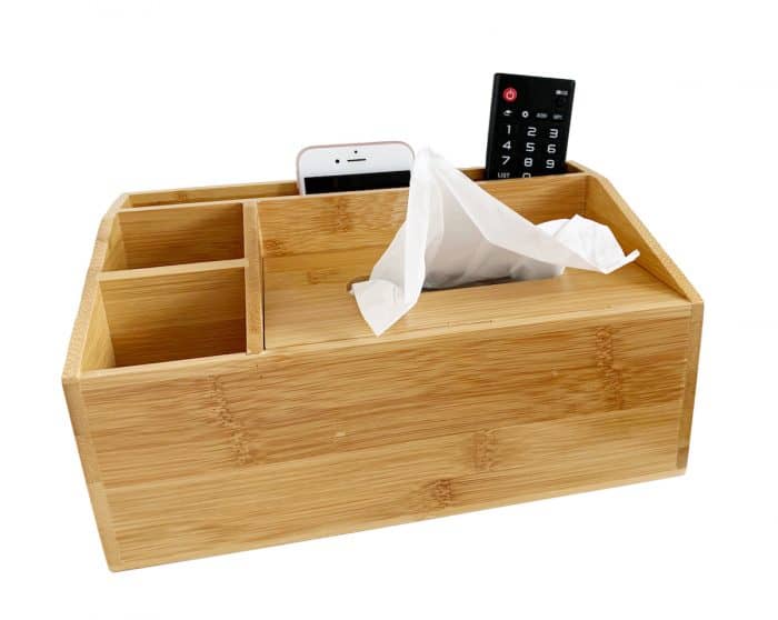 Bamboo Wooden Multi-Function Tissue Box, Compartment Desk Organizer