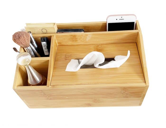 Bamboo Wooden Multi-Function Tissue Box, Compartment Desk Organizer