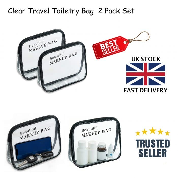 Clear Travel Toiletry Bag 2 Pack Set, 2pcs Clear Makeup Bags Airport Liquid Bags, See Through Wash Bag