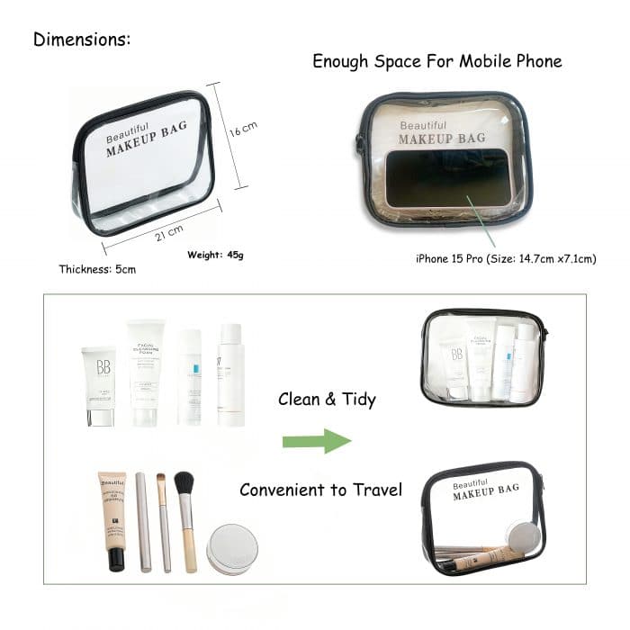 Clear Travel Toiletry Bag 2 Pack Set, 2pcs Clear Makeup Bags Airport Liquid Bags, See Through Wash Bag